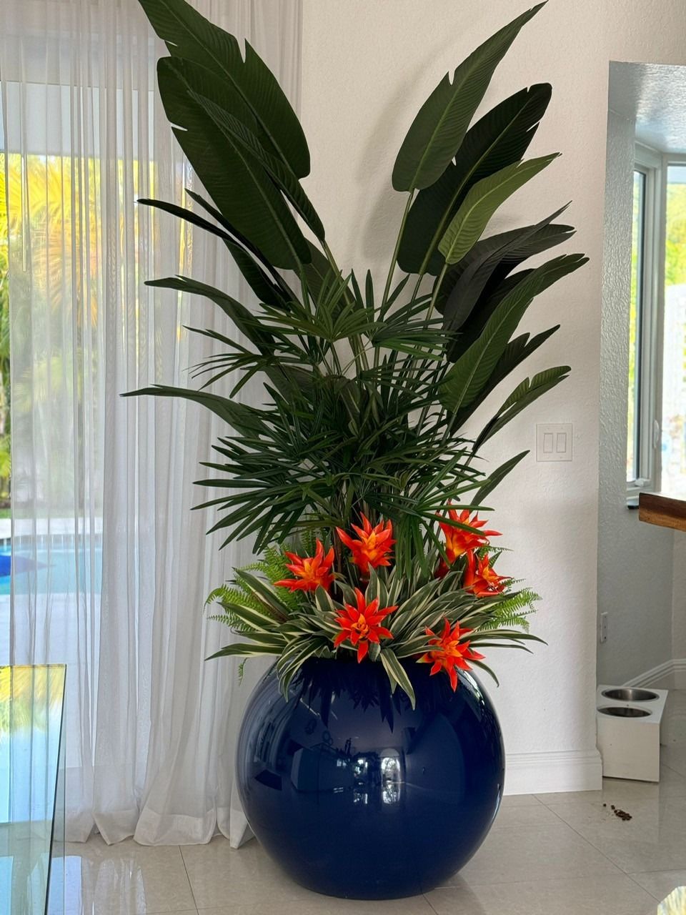 Tropical Mix Plants in Blue Globe Planter