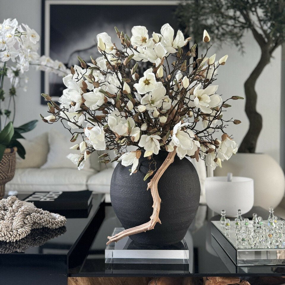 White Magnolias With Black Vase - Theleafylab