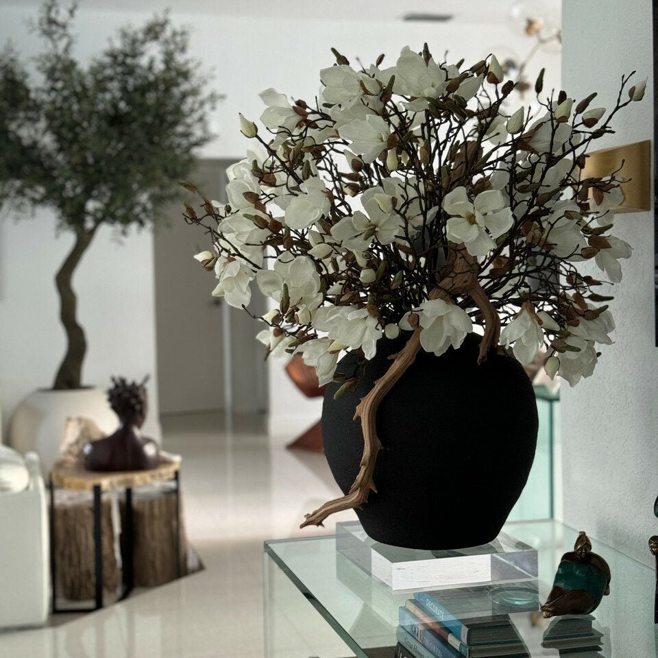 White Magnolias With Black Vase - Theleafylab