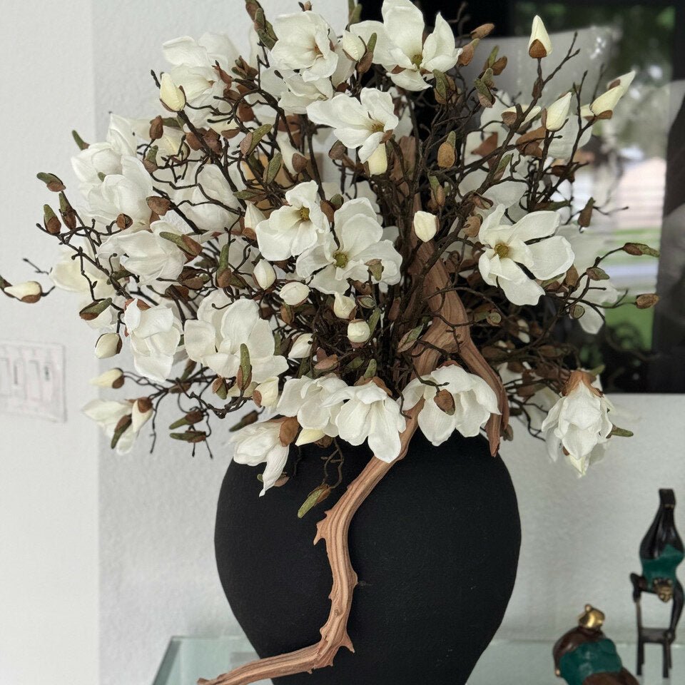 White Magnolias With Black Vase - Theleafylab