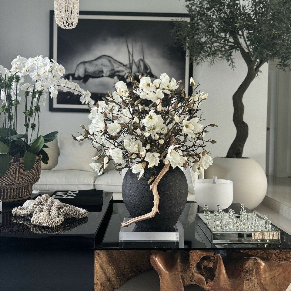 White Magnolias With Black Vase - Theleafylab
